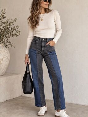 Rachel Comey Two Tone Jeans Size 6 Black Blue Colorblock Straight Leg Denim